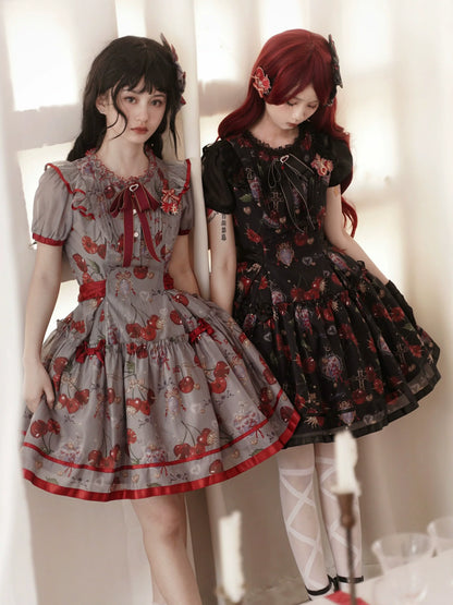 Gloaming - Sweet Lolita Cherry print Short Sleeve OP and SK Set
