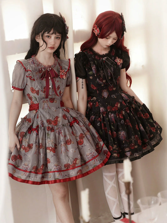 Gloaming - Sweet Lolita Cherry print Short Sleeve OP and SK Set