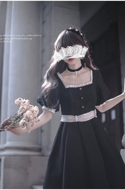 HuTaoMuJK - Thoughts - Vintage Lolita OP Dress Square Neckline Black Lolita Dress