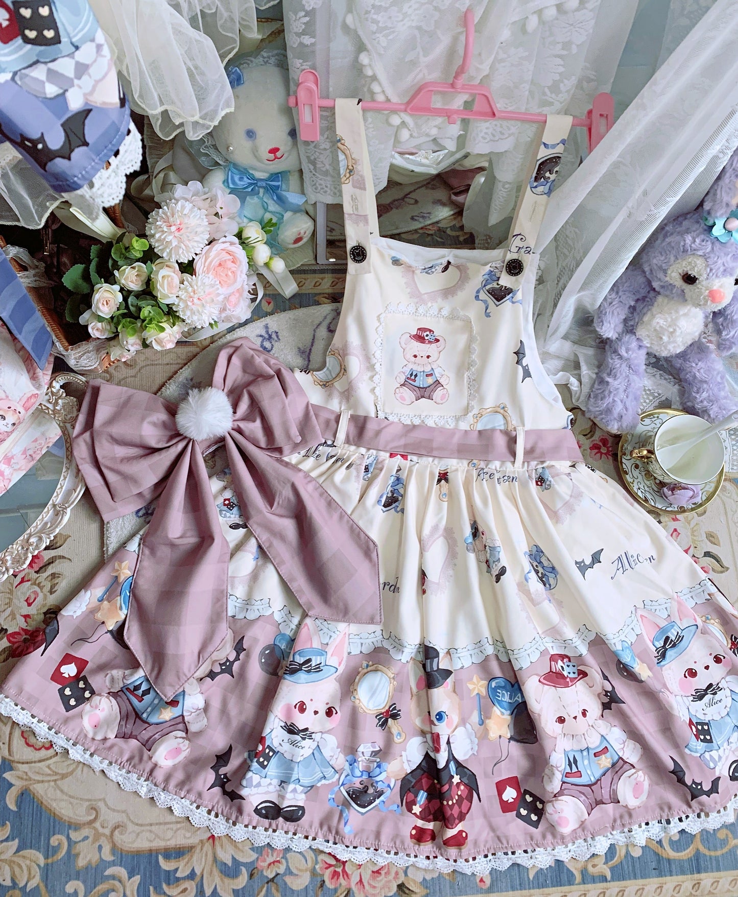 Night Never Sleeps - Bunny Meow Bear - Kawaii Lolita Salopette Bear Print Dress