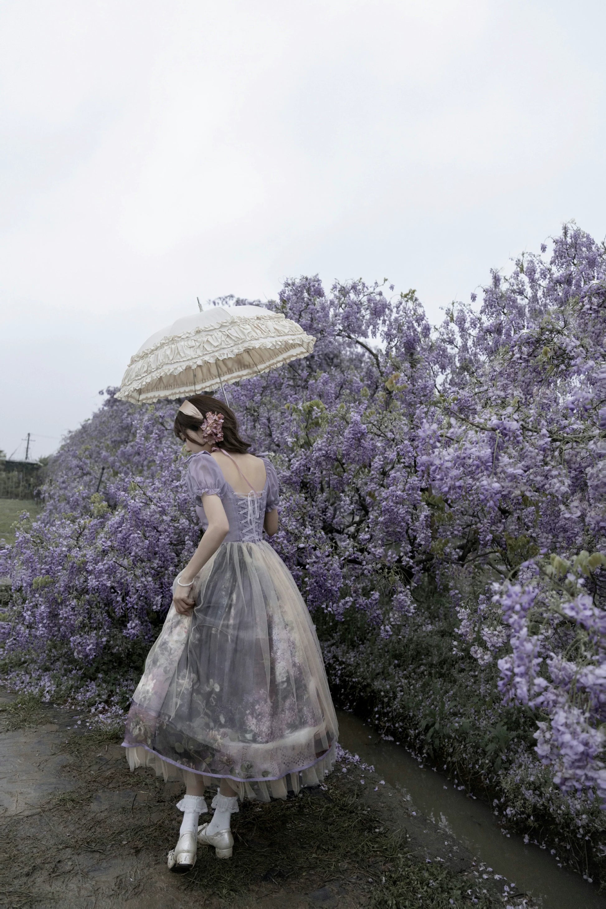 Cyan Lolita - Blooming Tree Shade - Elegant Lolita OP Oil Painting Print Bow Dress