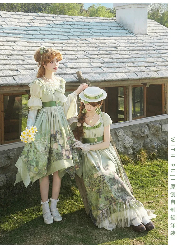 With PUJI - Blooming Rose - Chiffon Classic Lolita Dress Set Painting Styled OP & JSK