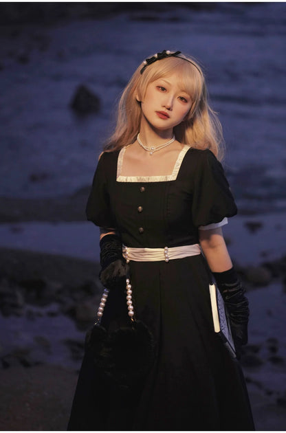 HuTaoMuJK - Thoughts - Vintage Lolita OP Dress Square Neckline Black Lolita Dress