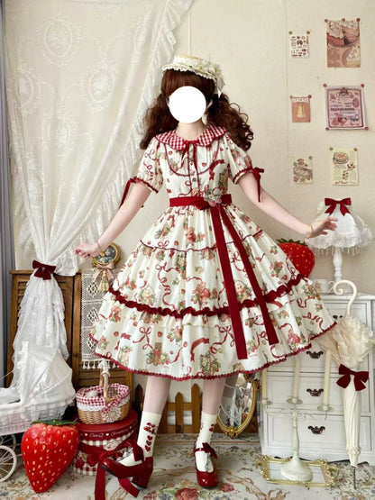 Qianmu - The Bear's Strawberry Field - Daily Lolita OP Dress With Petal Collar & Bear Strawberry Print
