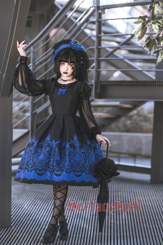 Surface Spell - Nocturne - Custom Gothic Lolita Dress Brocade Puff Sleeve Dress