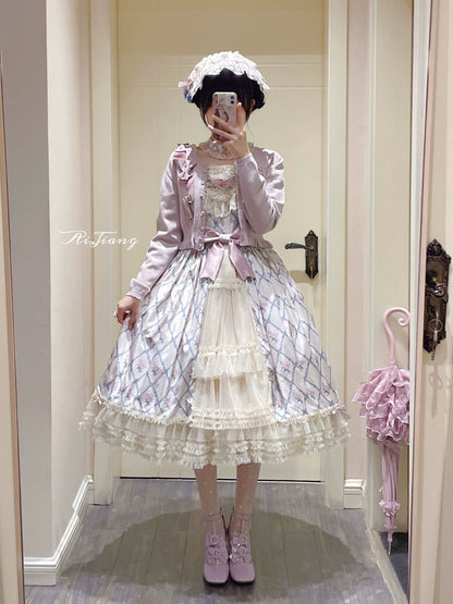 Moon River - Elegant Lolita OP Dress Short Sleeve Square Neckline Print Dress