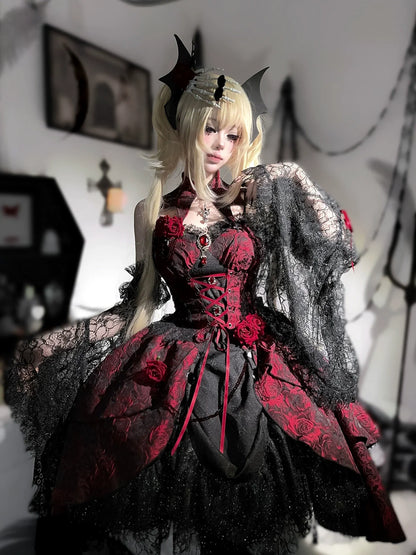 Cornfield Lolita - Rose Blood - Black Red Gothic Lolita JSK Jacquard Court Dress