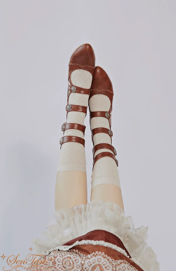 Sentaro - Floral Carved - Vintage Lolita Shoes Mary Jane Hollow-out Ankle Boots