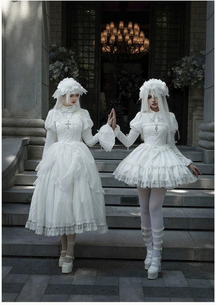 With PUJI - Fallen Heaven - White Gothic Lolita OP Set, Double Layered Skirt