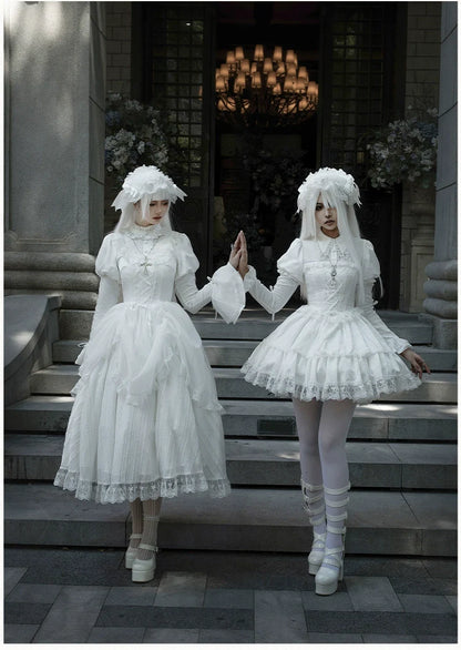 With PUJI - Fallen Heaven - White Gothic Lolita OP Set, Double Layered Skirt