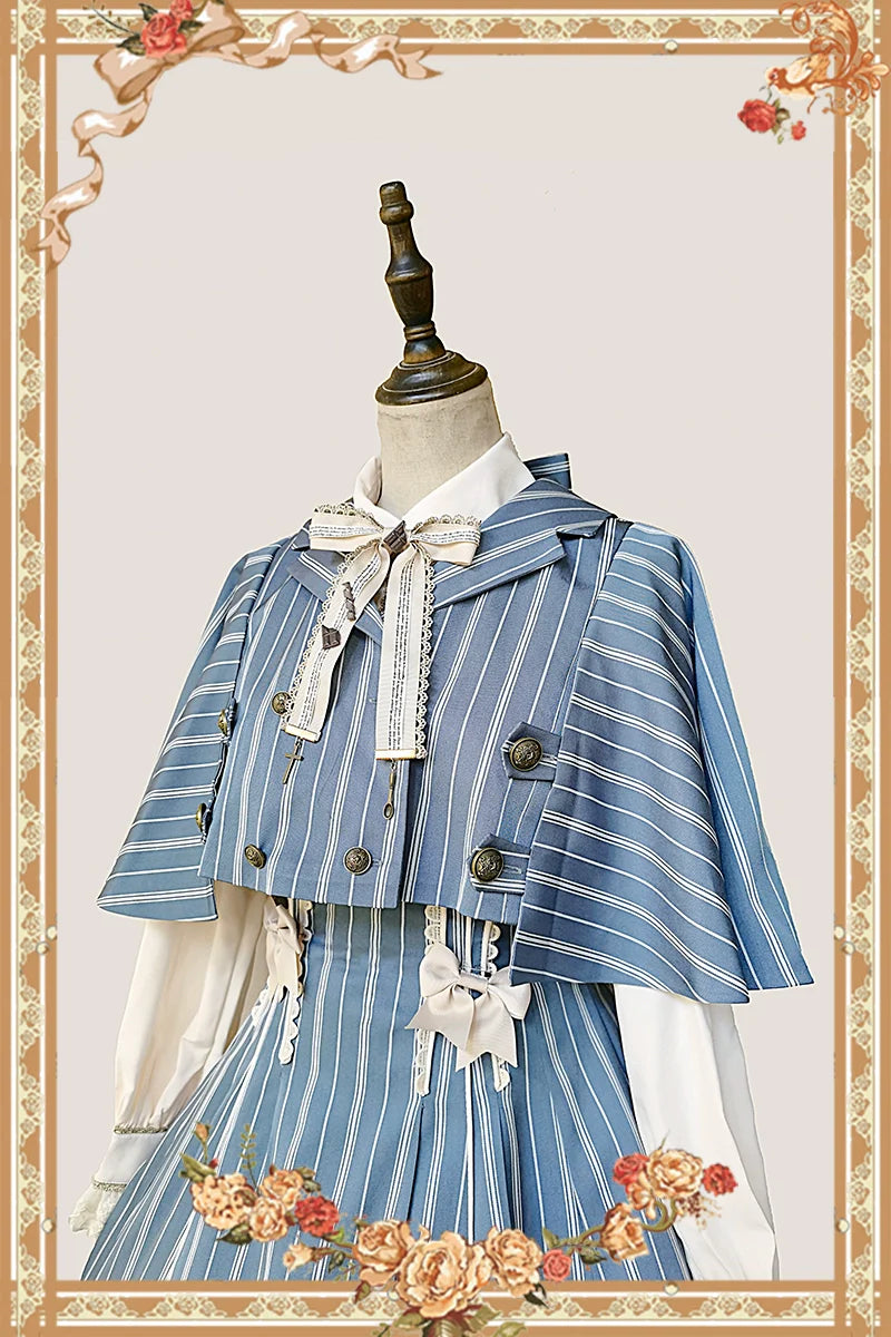 Infanta - Elegant Lolita Stripe High-waist Jumper Dress Set and Cape