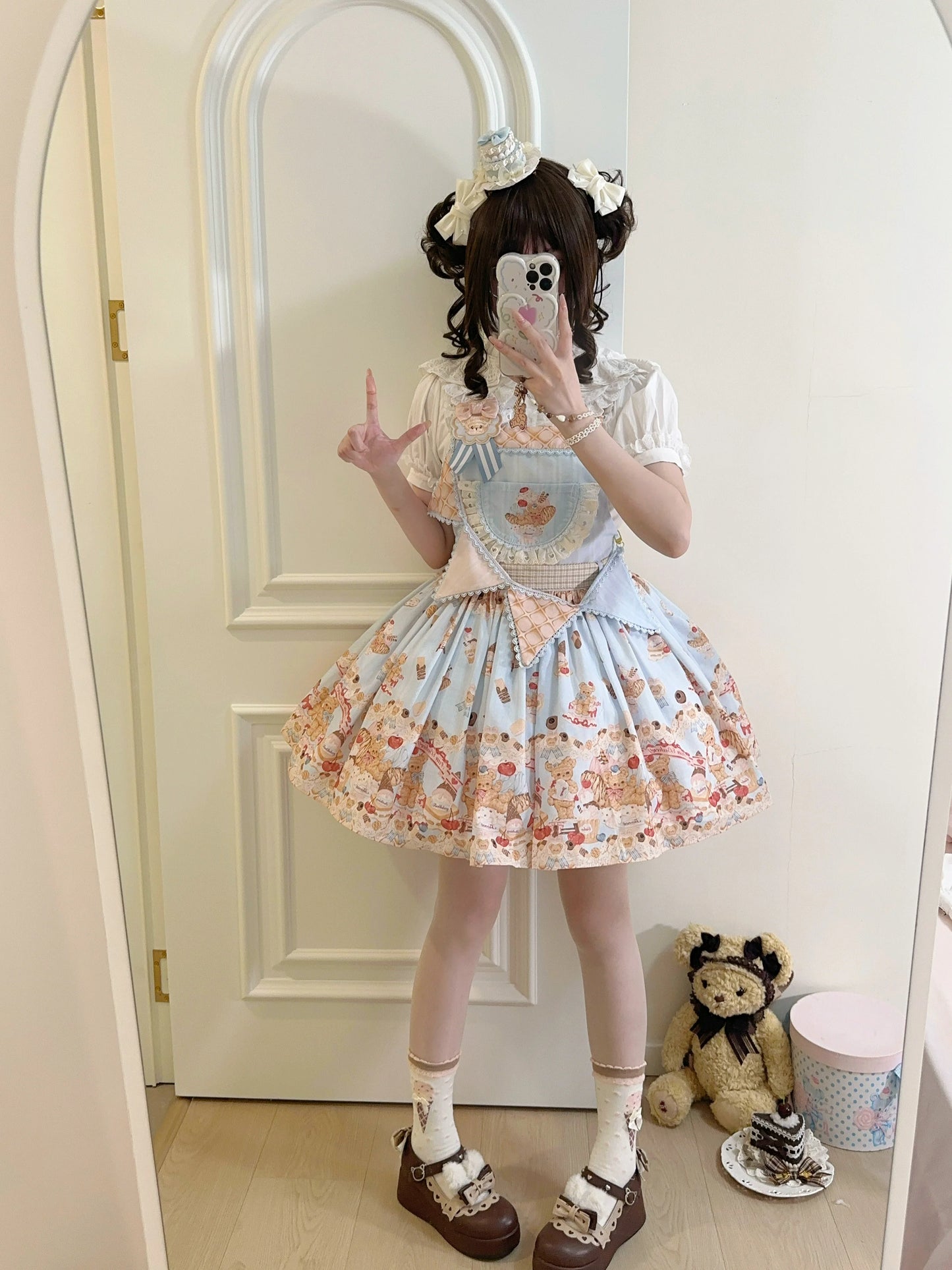 White Tea Story - Little Bear Bonny - Kawaii Lolita Salopette, Bear & Dessert Print