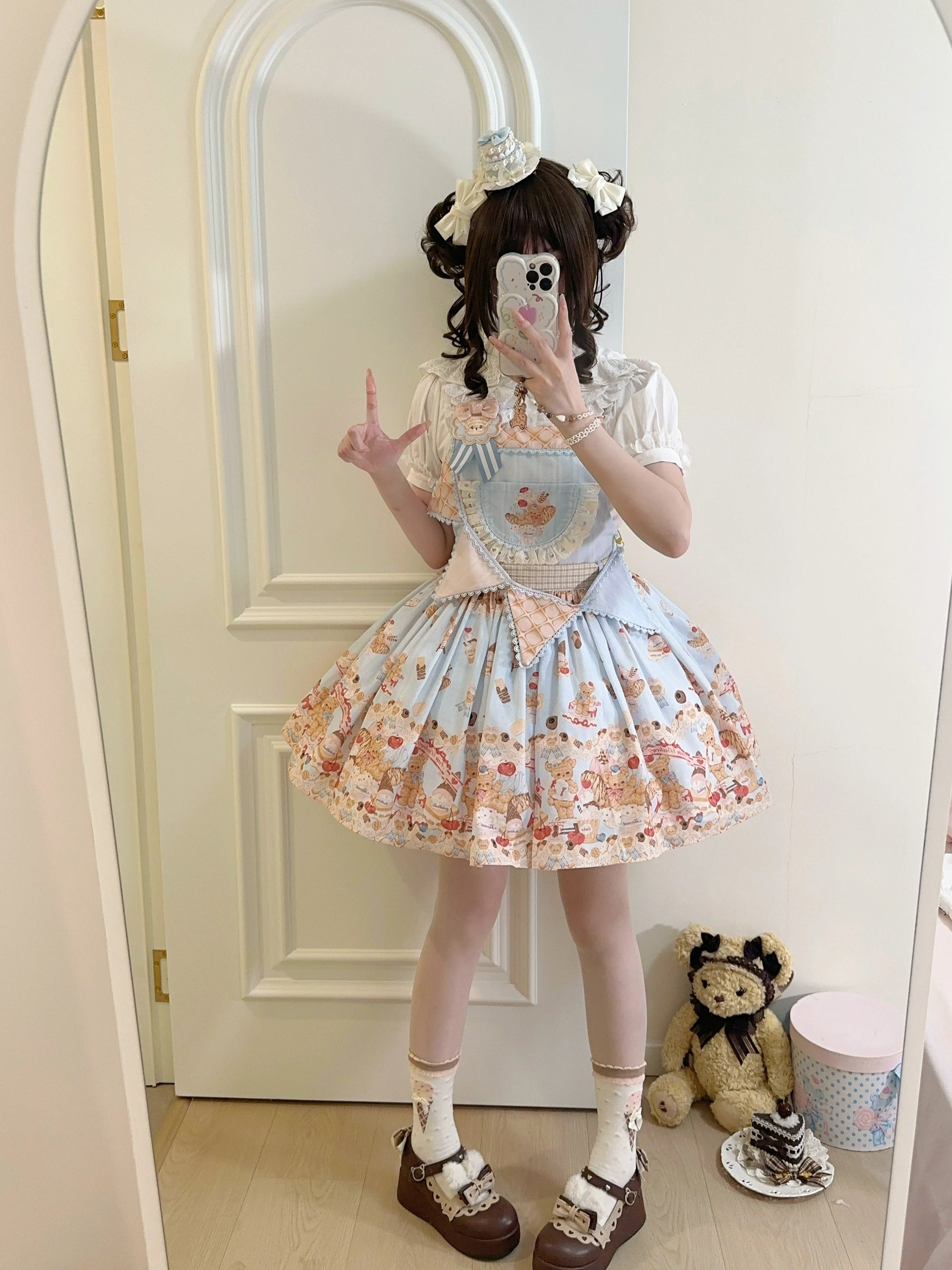 White Tea Story - Little Bear Bonny - Kawaii Lolita Salopette, Bear & Dessert Print