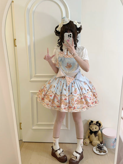 White Tea Story - Little Bear Bonny - Kawaii Lolita Salopette, Bear & Dessert Print