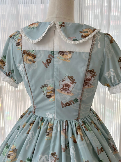 Babyblue - Little Bear Honey Jar - Kawaii Lolita Short Sleeve OP Gingerbread Man Embroidered Dress