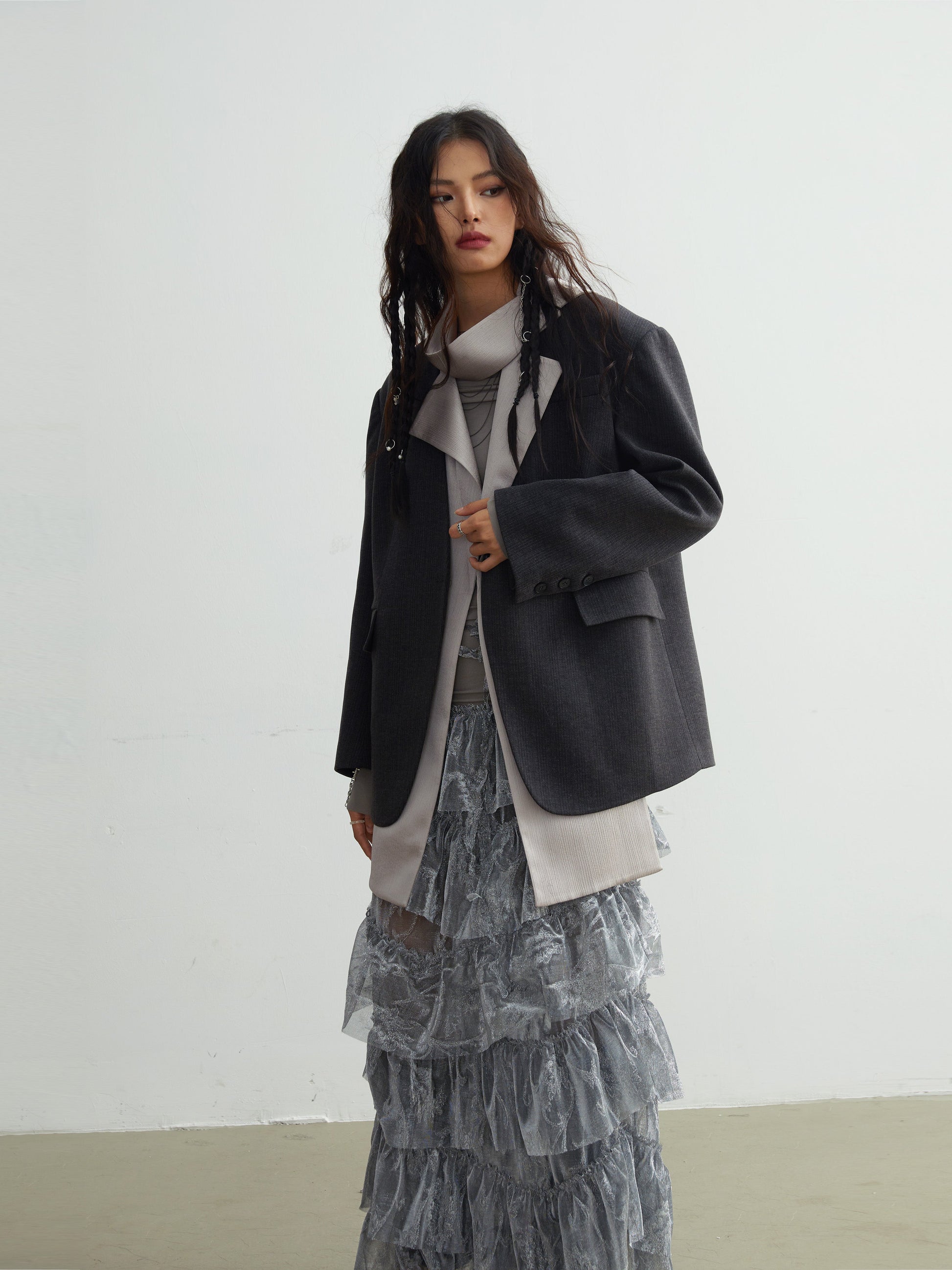 Fake Two Piece Scarf Boyfriend Silhouette Jacket