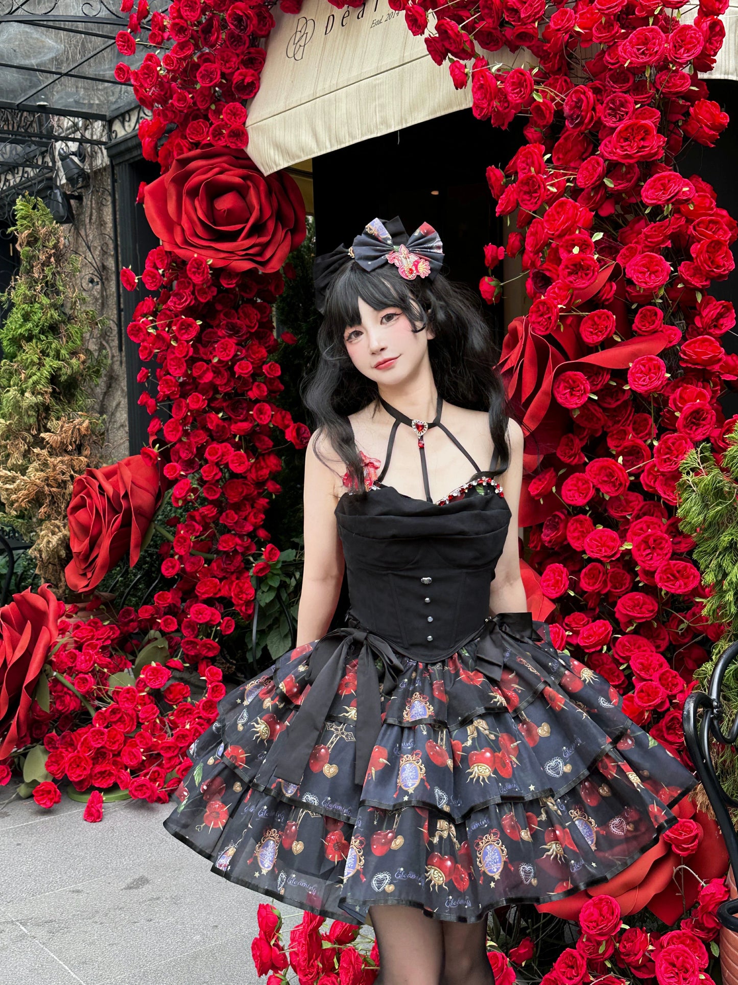 Gloaming - Sweet Lolita Cherry print Short Sleeve OP and SK Set