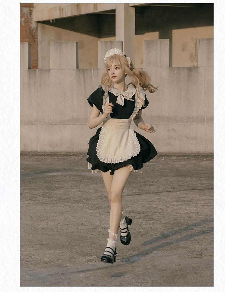 With PUJI - Kiss Kiss - Vintage Lolita OP Dress Maid Lolita Apron Dress