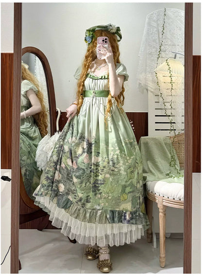 With PUJI - Blooming Rose - Chiffon Classic Lolita Dress Set Painting Styled OP & JSK