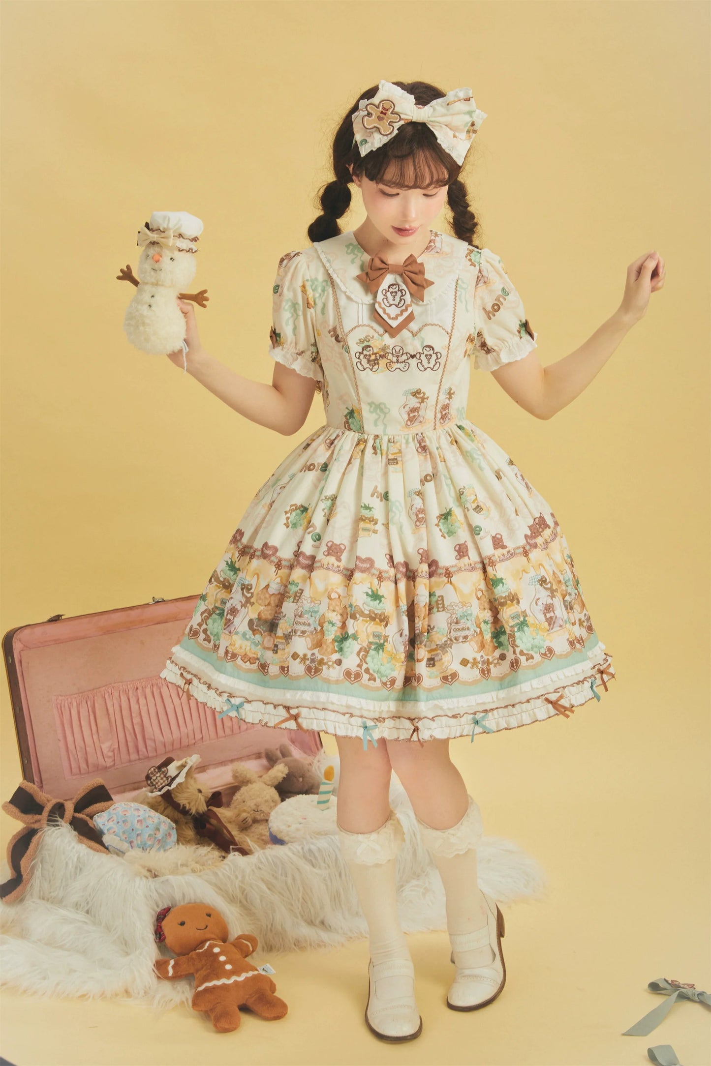 Babyblue - Little Bear Honey Jar - Kawaii Lolita Short Sleeve OP Gingerbread Man Embroidered Dress