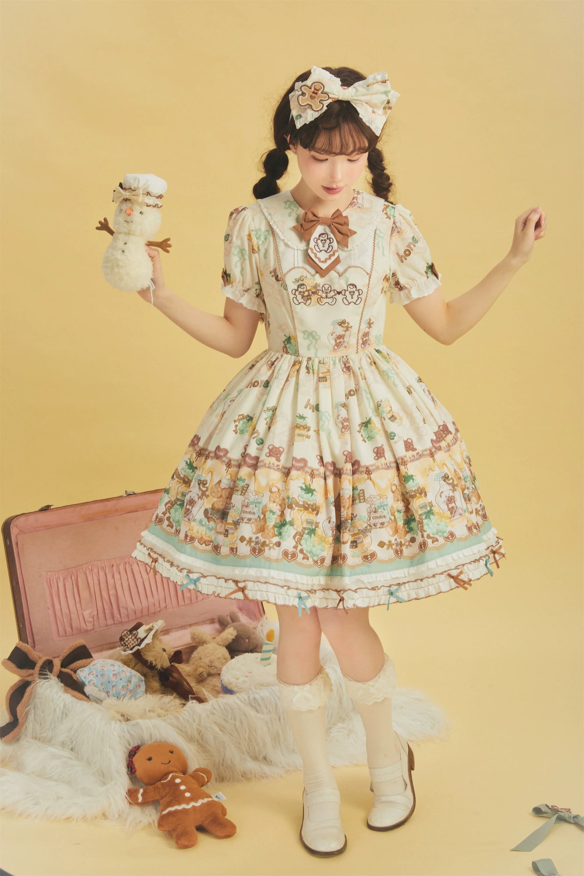Babyblue - Little Bear Honey Jar - Kawaii Lolita Short Sleeve OP Gingerbread Man Embroidered Dress