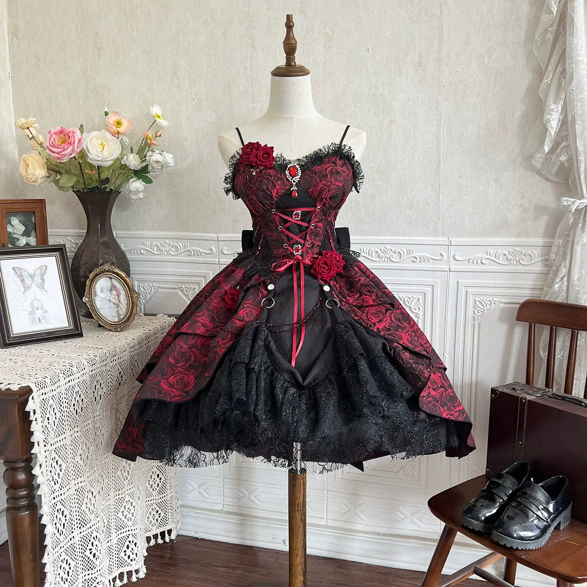 Cornfield Lolita - Rose Blood - Black Red Gothic Lolita JSK Jacquard Court Dress