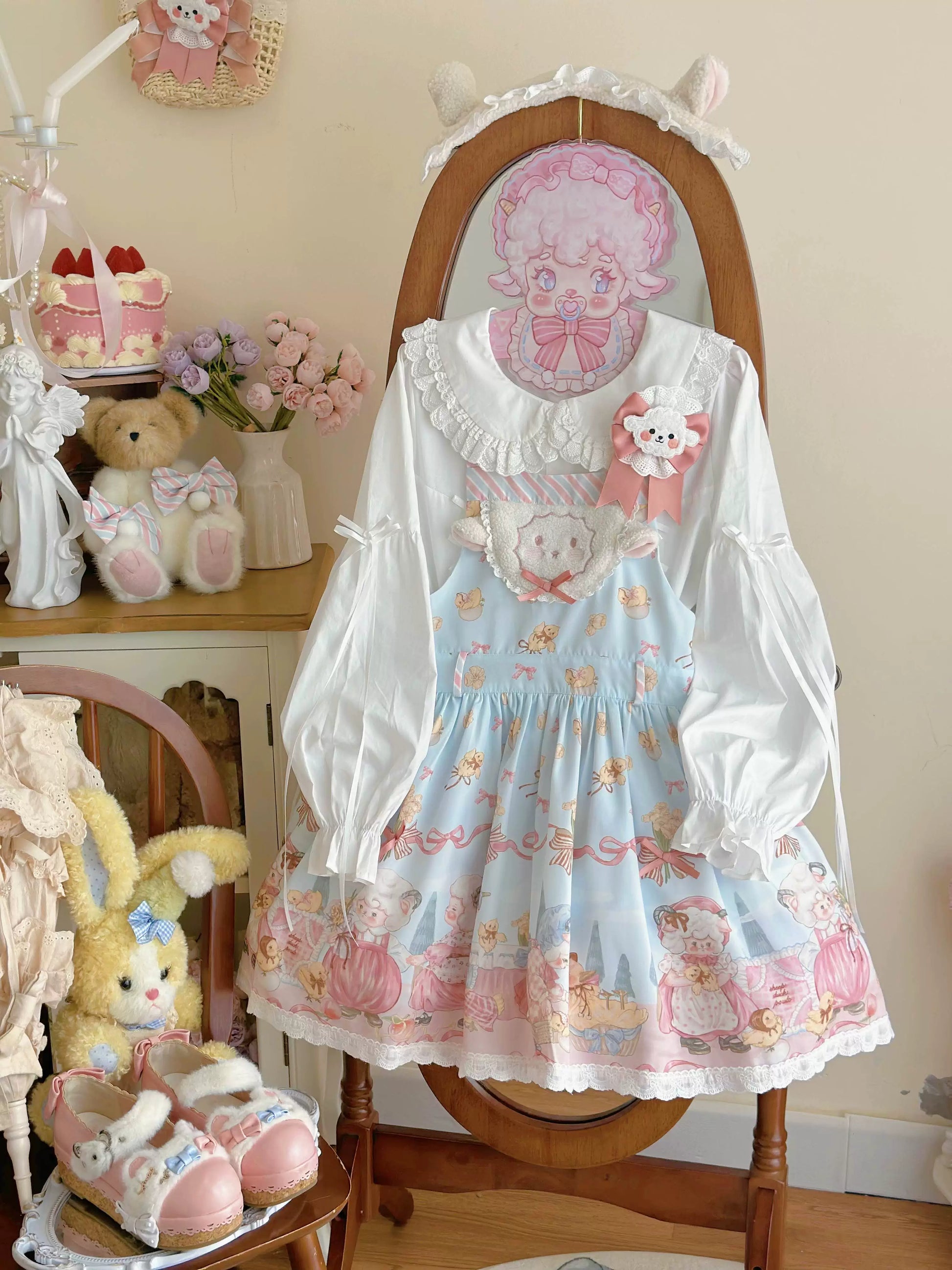 MeowMeow - Dance of the Lambs - Kawaii Lolita Salopette Dress With Cute Animal Prints