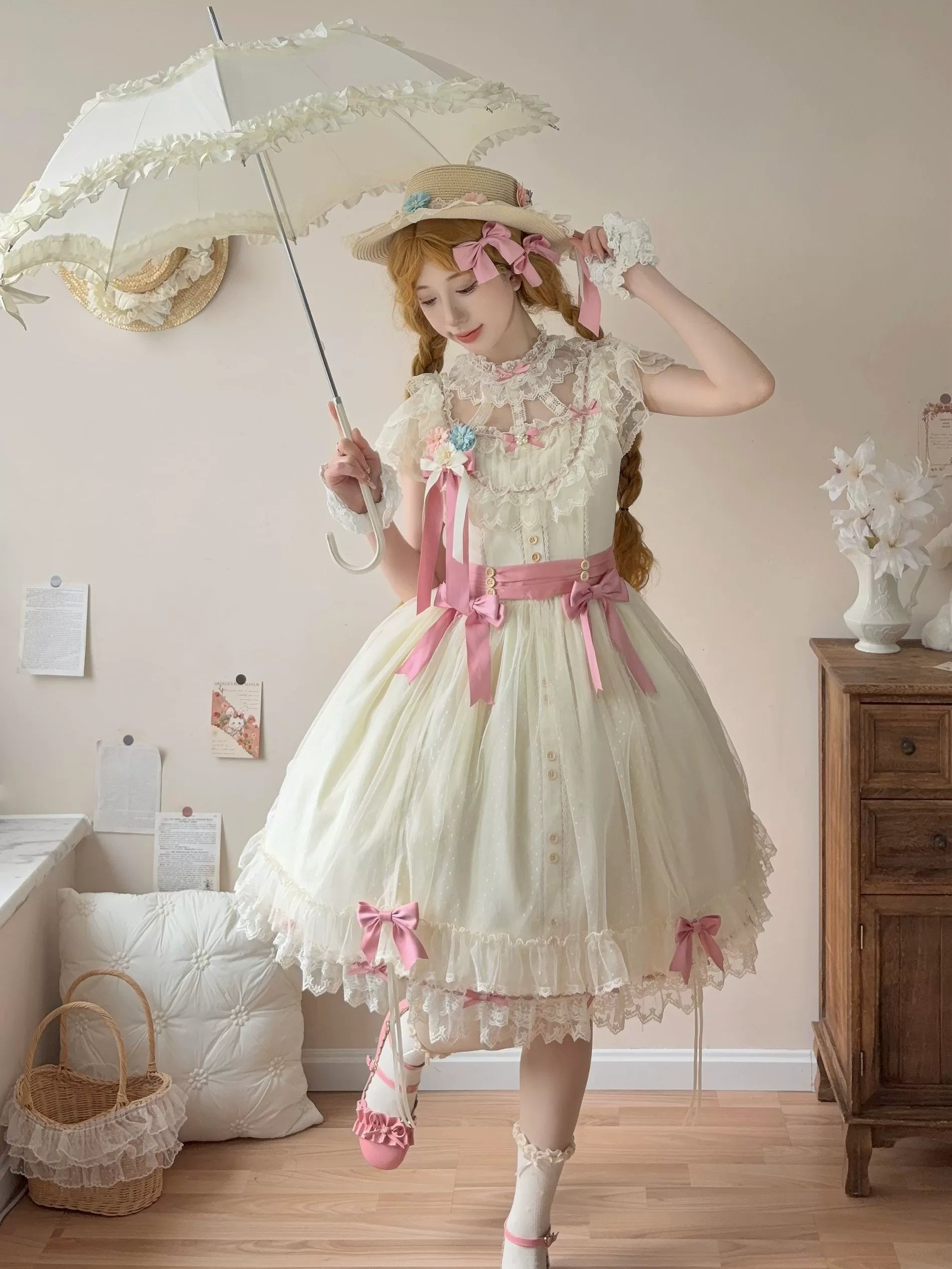 Uncle's Workshop - Fluttering Cherry Spring Strings - Cotton Sweet Lolita JSK Dress