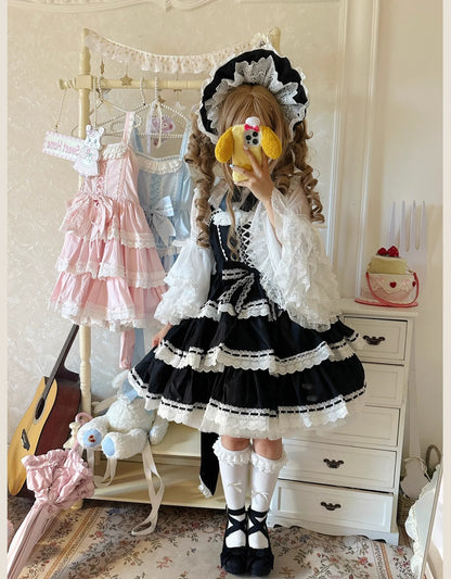 TaTaTa Lolita - Otome Heart - Cotton Old School Lolita JSK Dress Suit, Heart-Shaped Lace Trim