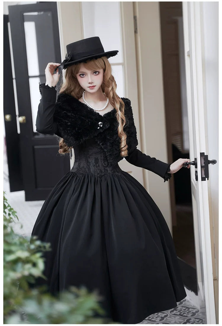 With PUJI - Old Testament - Classic Lolita Coat Black Plush Lolita Cape and Brooch