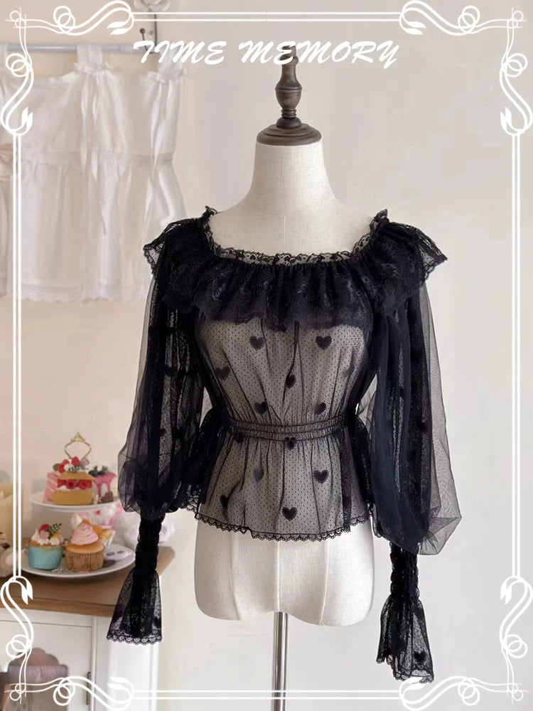 Time Memory - Layered Heart - Sheer Classic Shirt with Mutton Sleeves & Polka Dot