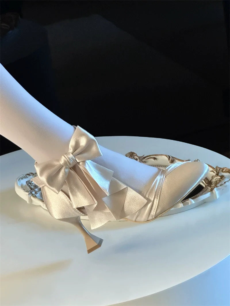 MR.Qiutian - Coronation - Elegant Lolita Shoes Satin Heels With Rose Buckle & Bow Clip