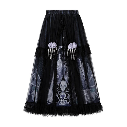 Your Princess - Withered Bone Specter - Gothic Lolita Skirt Set, Rose & Skeleton Hand Decor