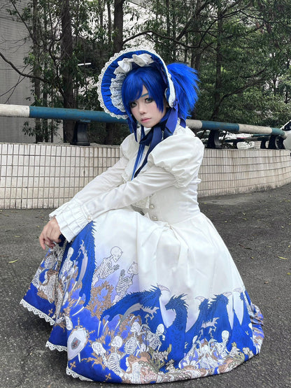 Nn Star - Dragonbone Lily - Dragon Skeleton Print Gothic Lolita Bust-supporting JSK and BNT