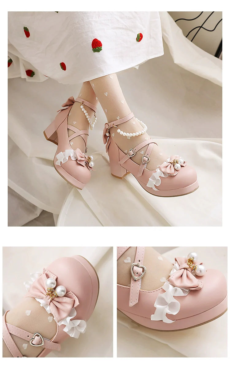 Yana - Round Toe Sweet Lolita Shoes, Detachable Pearl Chain