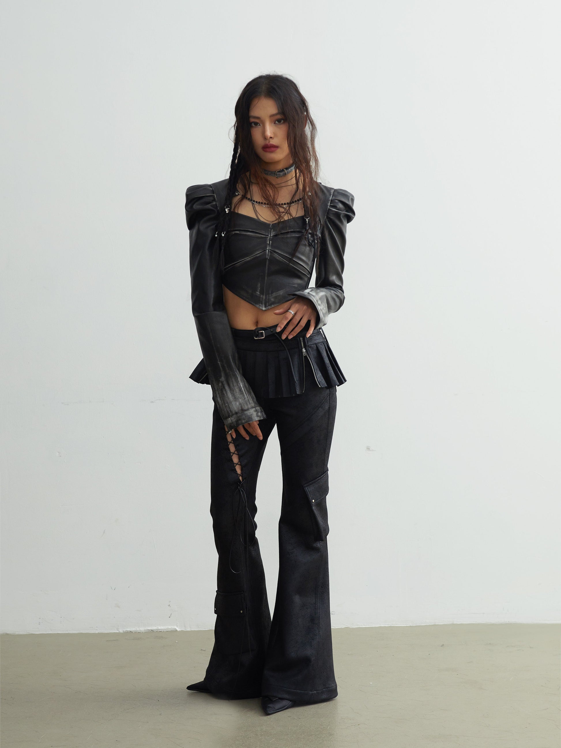 Cut-out Lace-up Pockets Decorated Flare Pants With Skirt