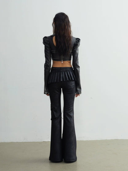 Cut-out Lace-up Pockets Decorated Flare Pants With Skirt