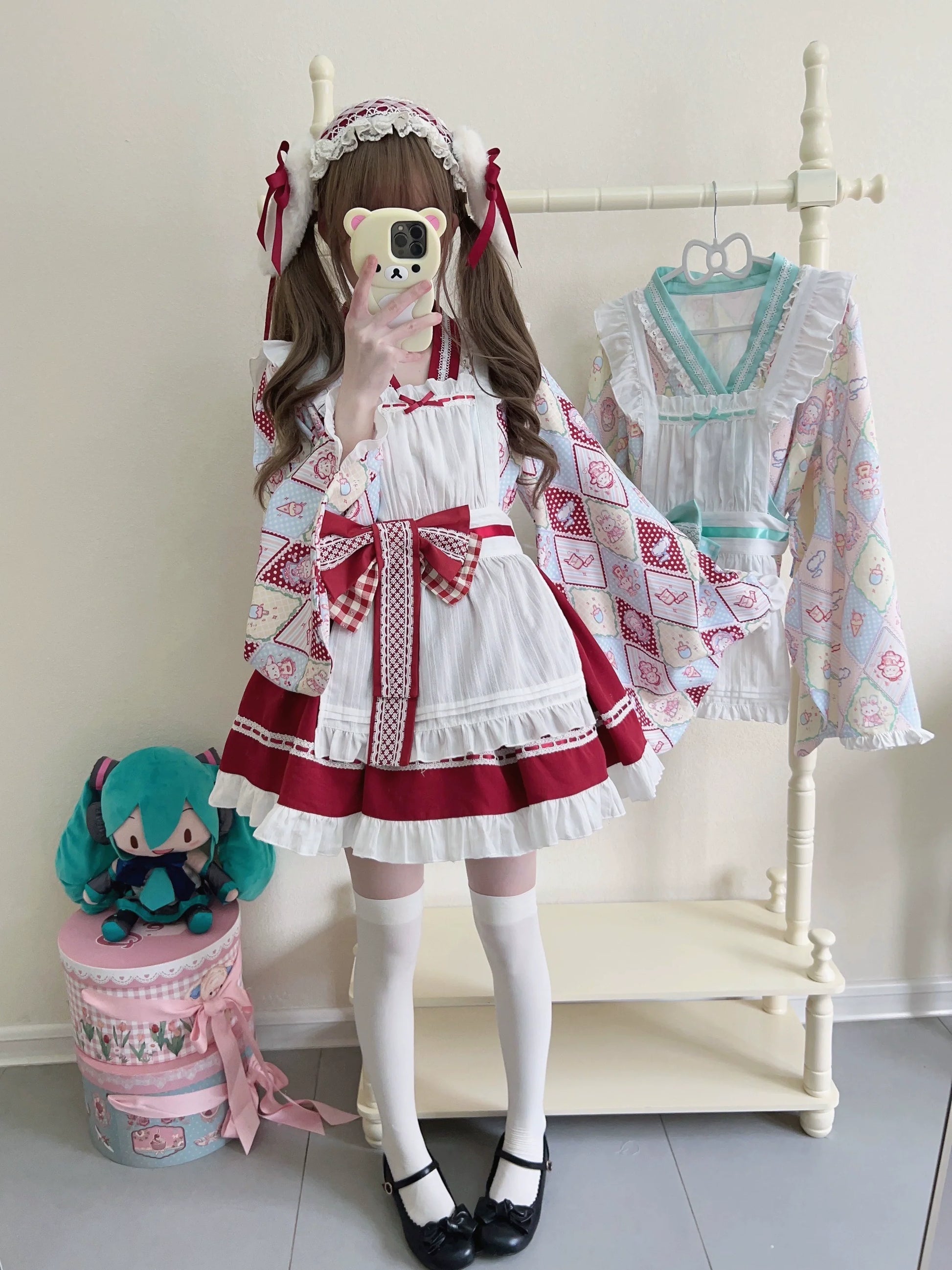 Sugar Girl - Showa Sweetness - Maid Wa Lolita Skirt Set Cute Summer Lolita Bow Apron