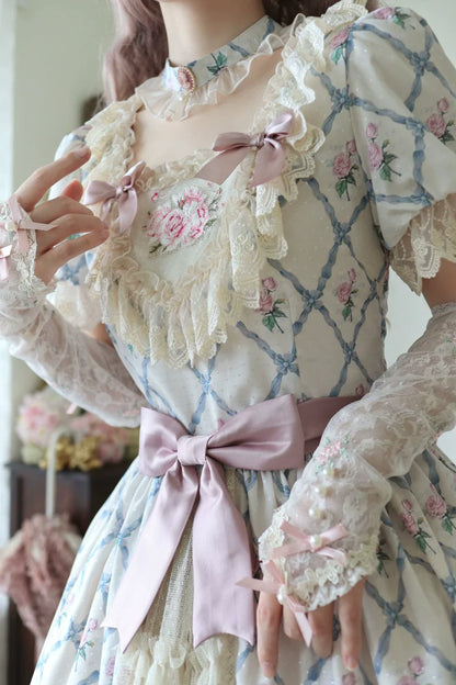 Moon River - Elegant Lolita OP Dress Short Sleeve Square Neckline Print Dress