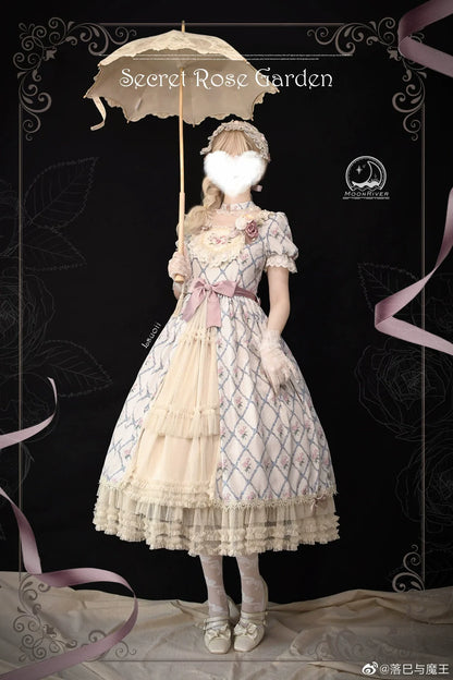 Moon River - Elegant Lolita OP Dress Short Sleeve Square Neckline Print Dress