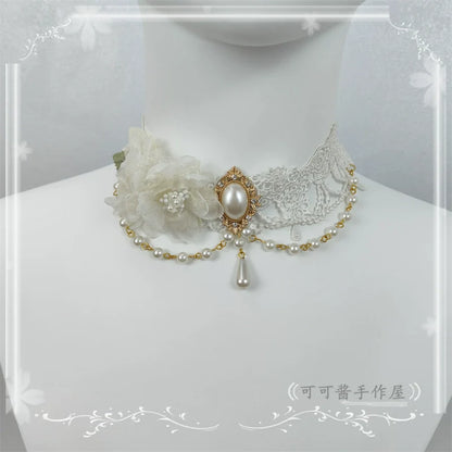 Cocoa Jam - Elegant Lolita Necklace Rose Gemstones and Pearl Necklace