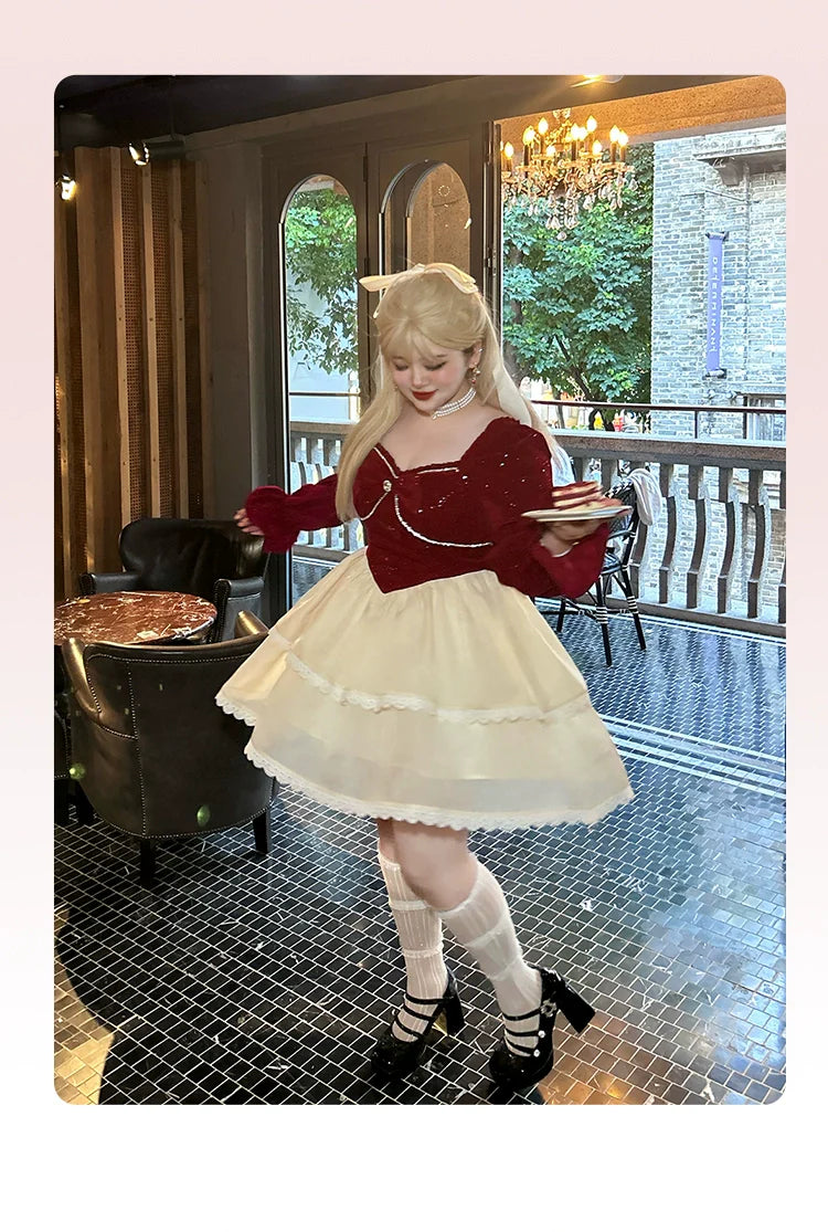 Yingtang - Plus Size Lolita Dress Velvet Long Sleeve