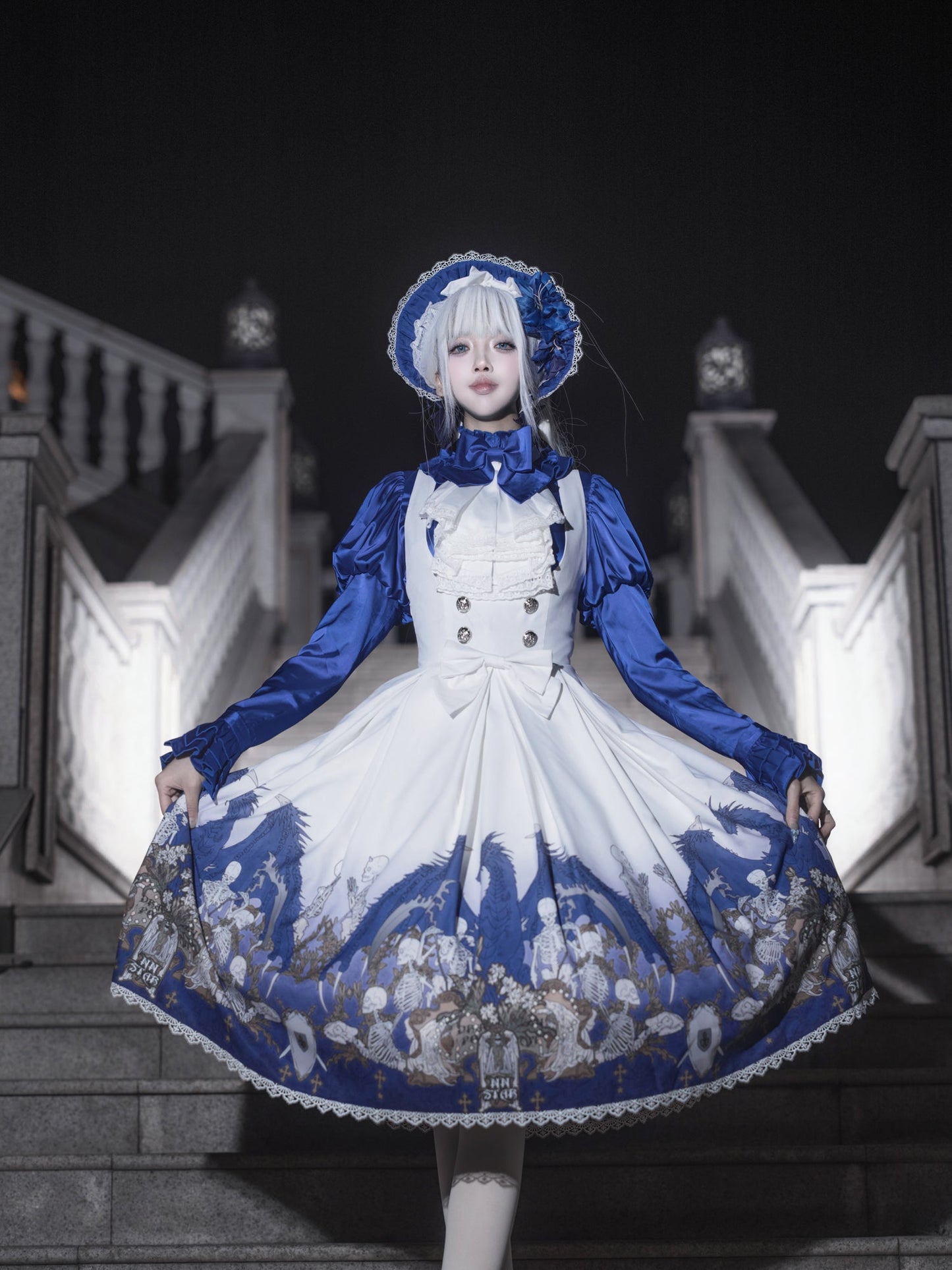 Nn Star - Dragonbone Lily - Dragon Skeleton Print Gothic Lolita Bust-supporting JSK and BNT