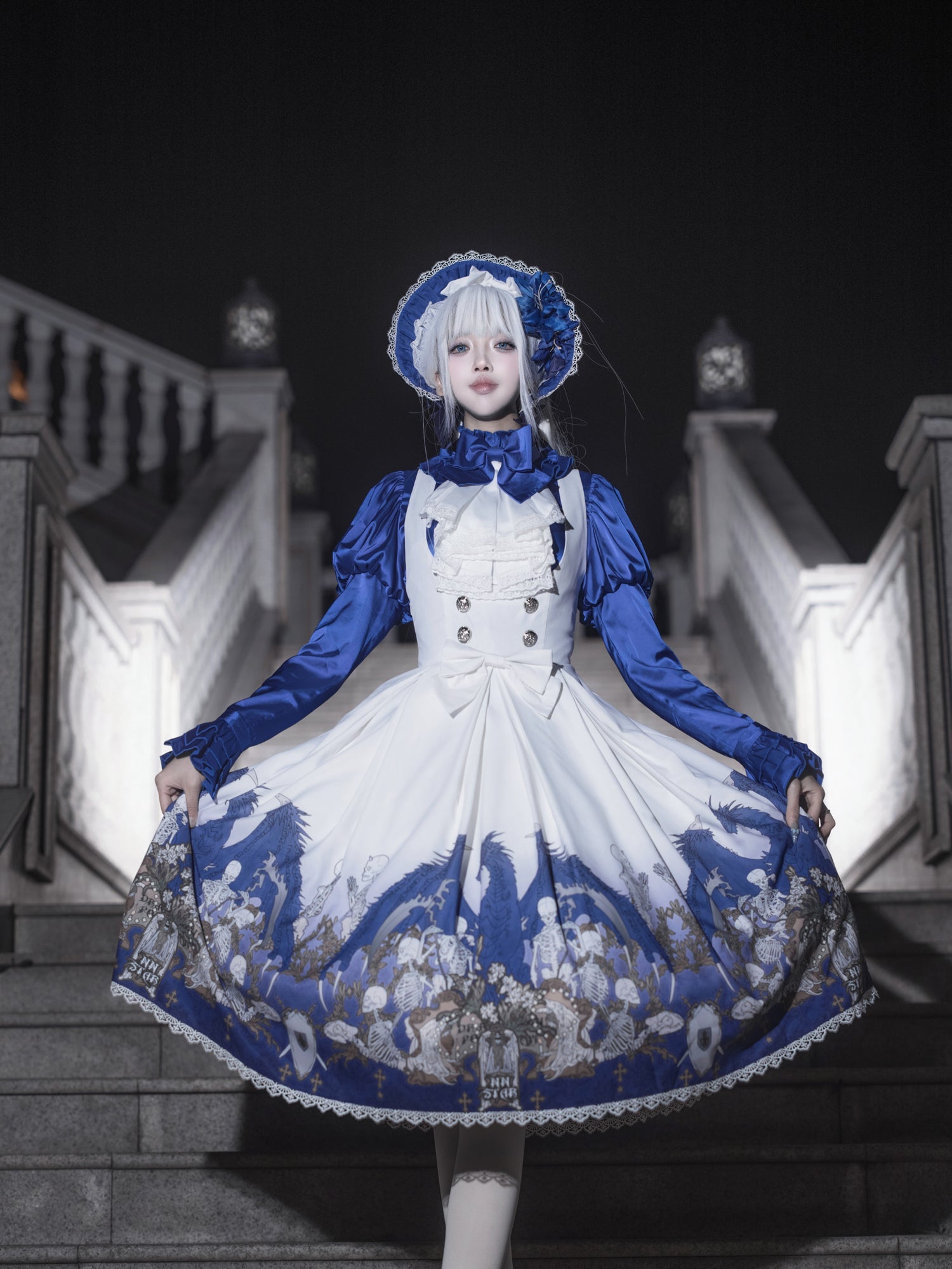 Nn Star - Dragonbone Lily - Dragon Skeleton Print Gothic Lolita Bust-supporting JSK and BNT