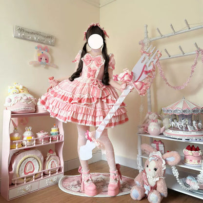 Hanguliang - Showa Flower Butterfly - Pink Sweet Lolita OP Dress With Bows & Lace Trim