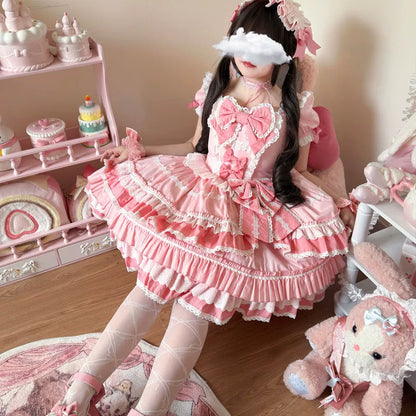 Hanguliang - Showa Flower Butterfly - Pink Sweet Lolita OP Dress With Bows & Lace Trim