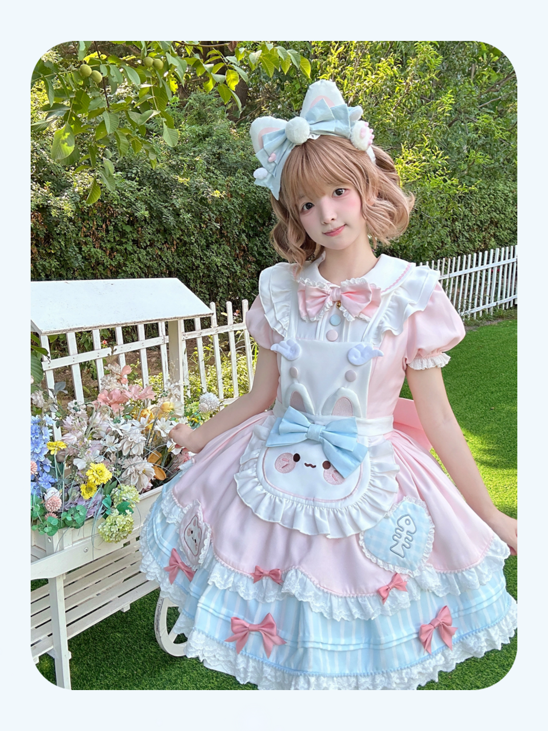 Jiuli Lolita - Nine Meow Bunny - Sweet Lolita Bunny Apron OP Dress, Back Zipper