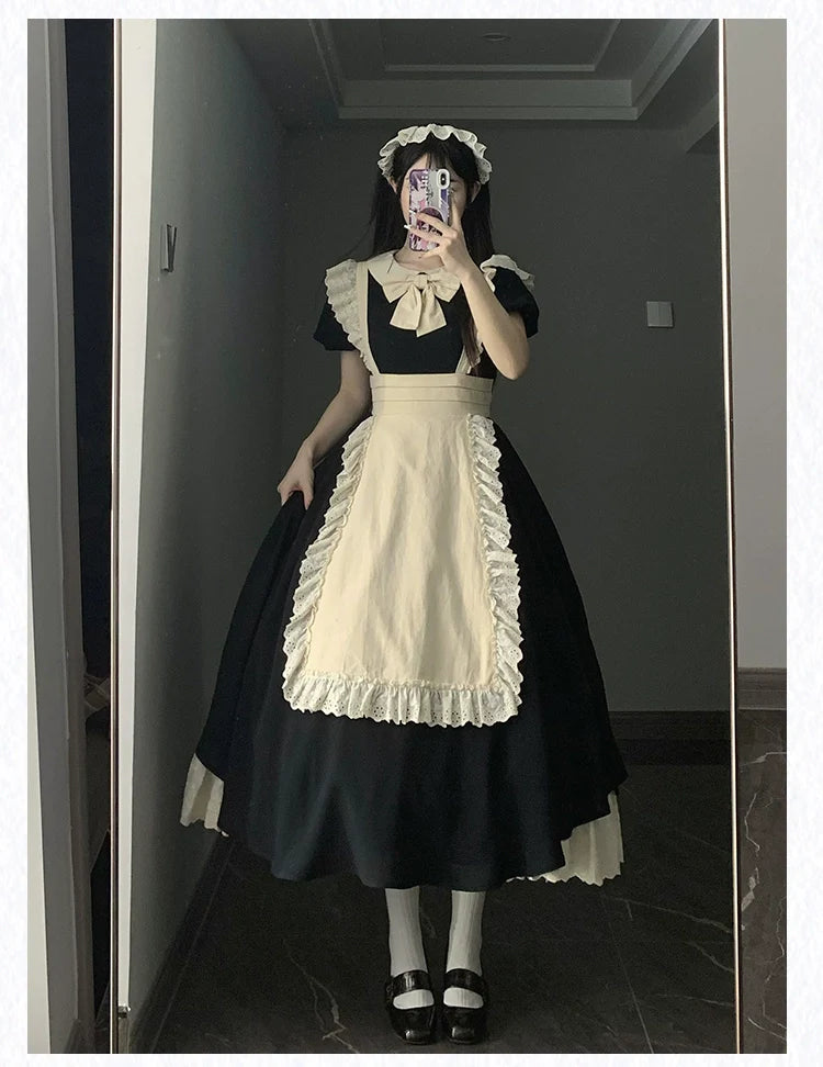 With PUJI - Kiss Kiss - Vintage Lolita OP Dress Maid Lolita Apron Dress