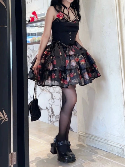 Gloaming - Sweet Lolita Cherry print Short Sleeve OP and SK Set