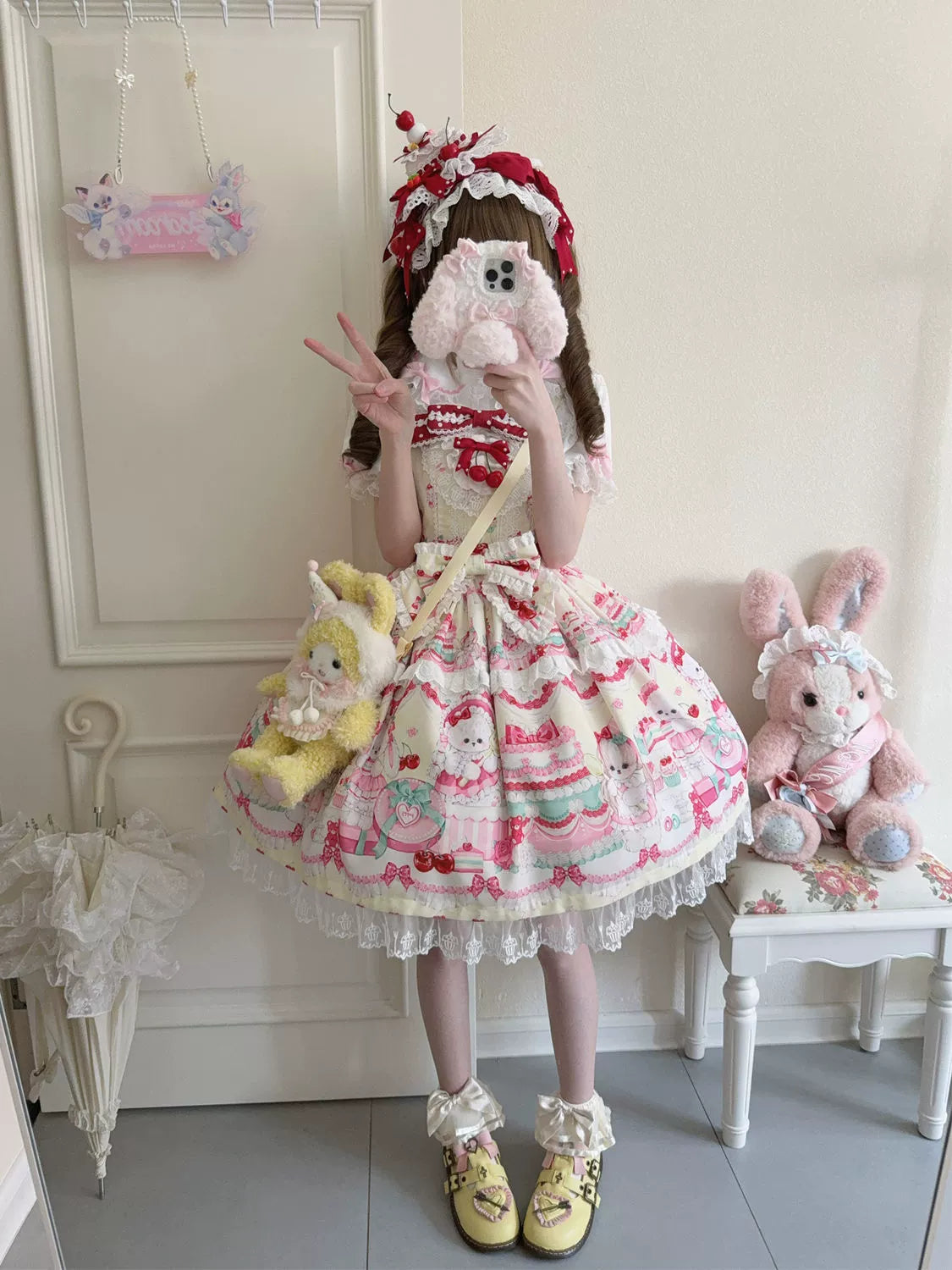 Hanguliang - Cherry Bake Song - Kawaii Lolita JSK Dress With Dessert Print & Cherry Bow